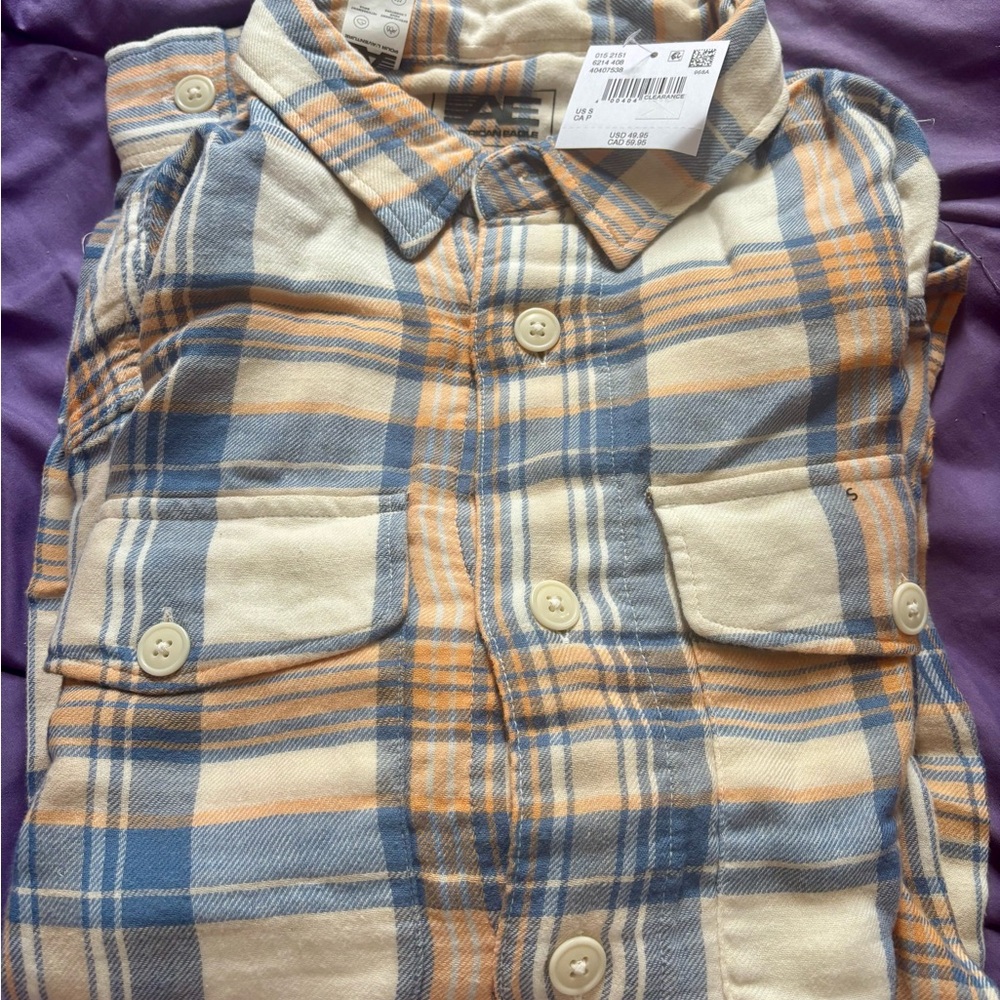 AE Plaid Flannel Button-Up Shirt in Blue and Orange